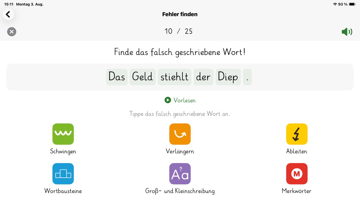 Ein Satz mit einem falsch geschriebenen Wort, darunter die sechs Strategiesymbole
