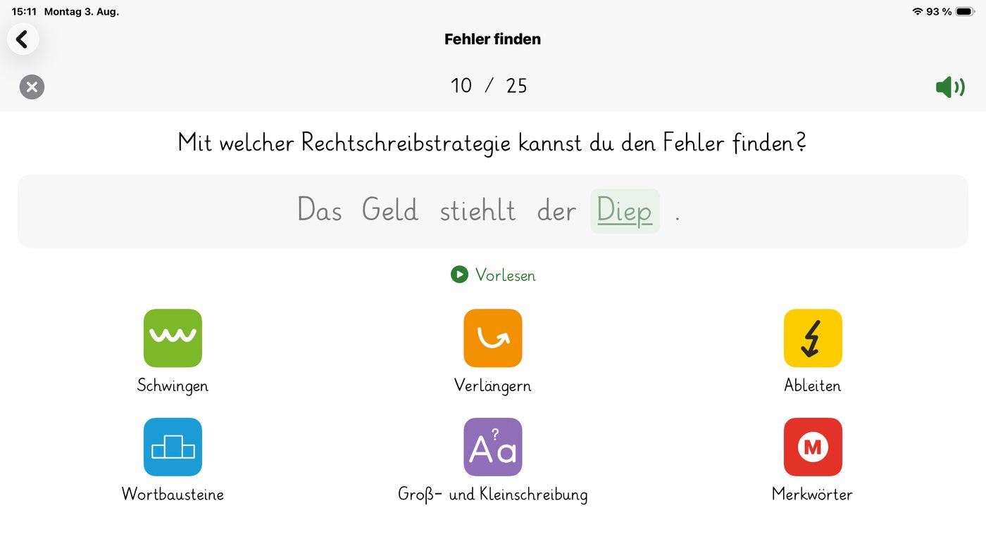 Auswahl der Rechtschreibstrategie, mit der sich der Fehler erkennen lässt