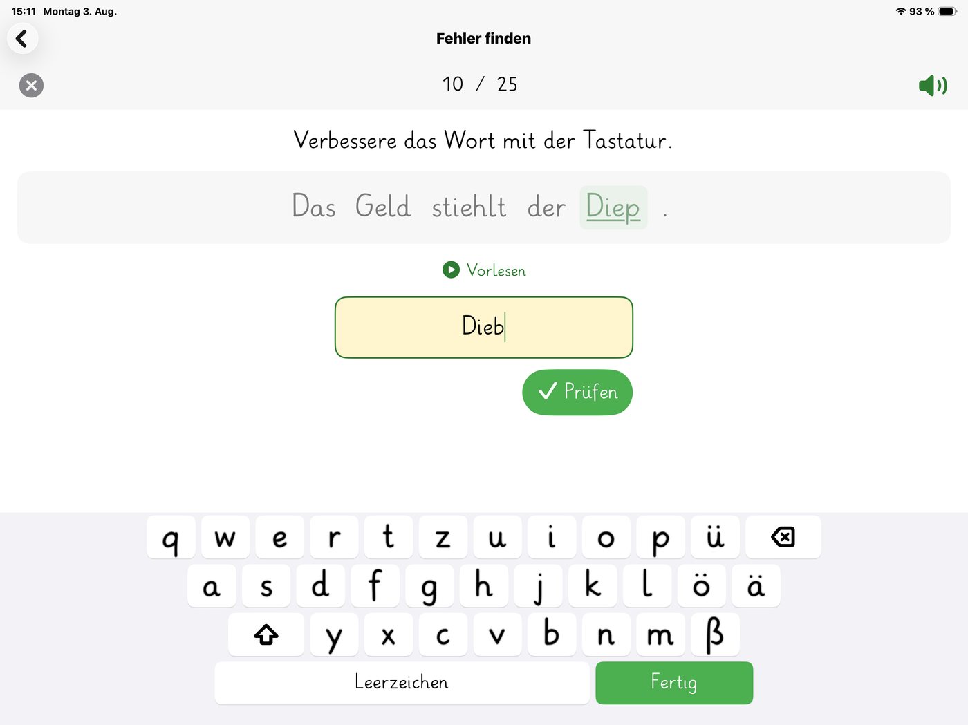 Das Wort wird auf der eigenen Tastatur der App verbessert
