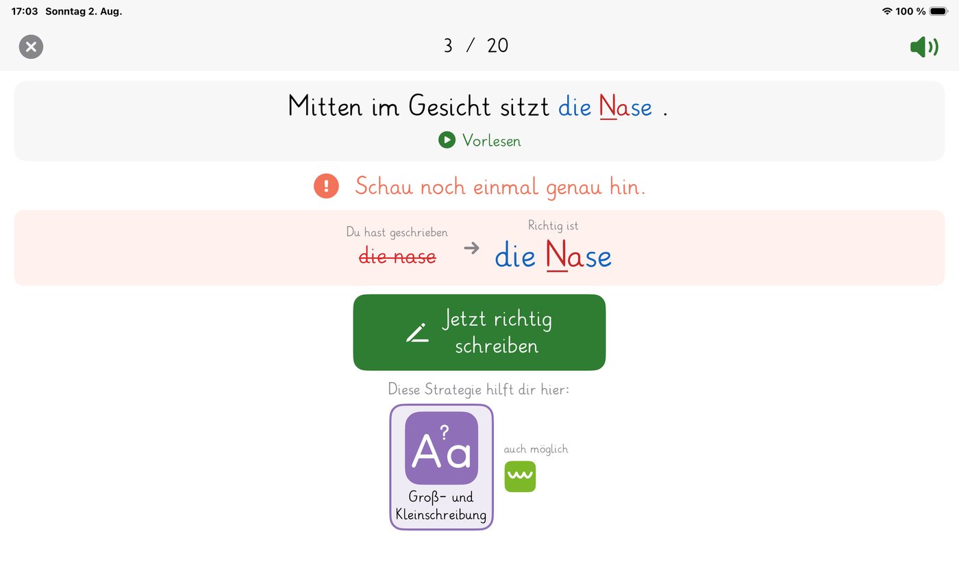 Rückmeldung nach einem Fehler mit der Strategie Groß- und Kleinschreibung