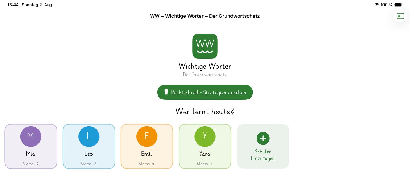 Startseite der App mit vier Kinderprofilen