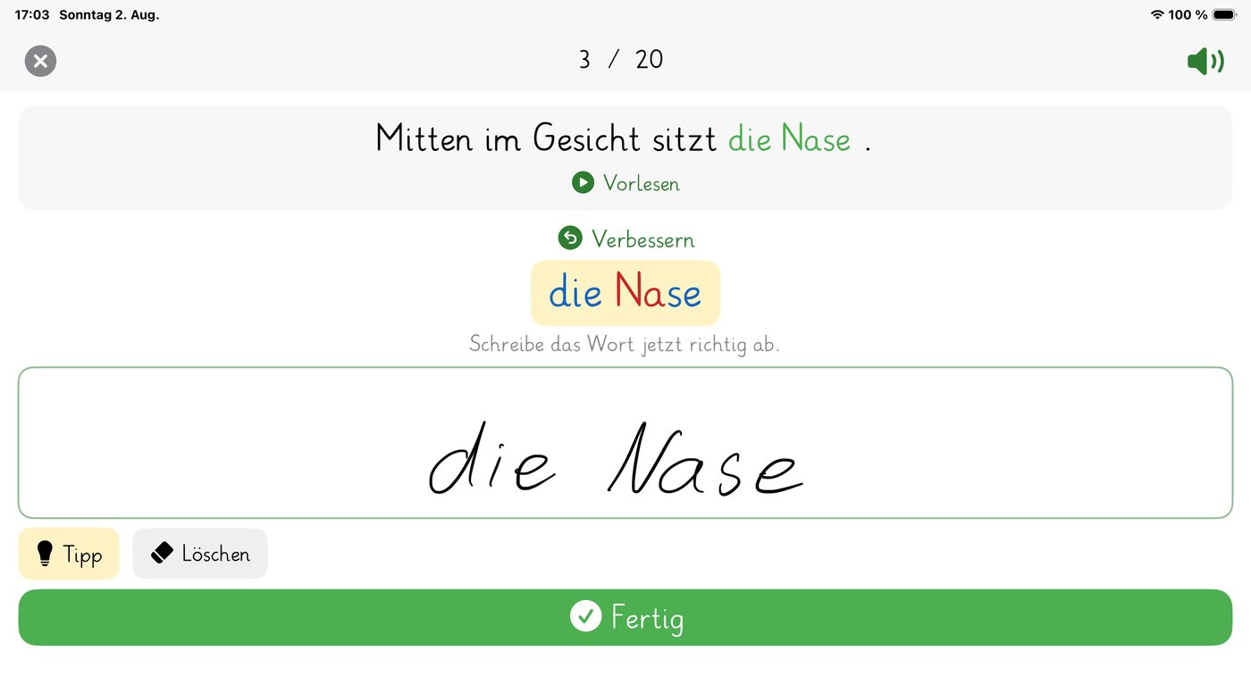 Das Wort wird mit sichtbarer Lösung noch einmal richtig abgeschrieben