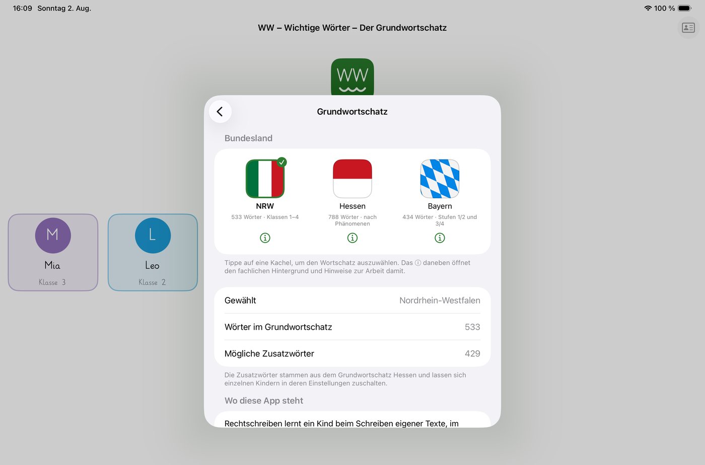 Auswahl des Bundeslandes mit drei Kacheln